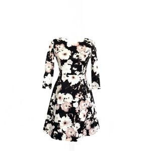 Vince Camuto A-Line 3/4 Sleeve Black Pink White Floral Dress Womens Size 4